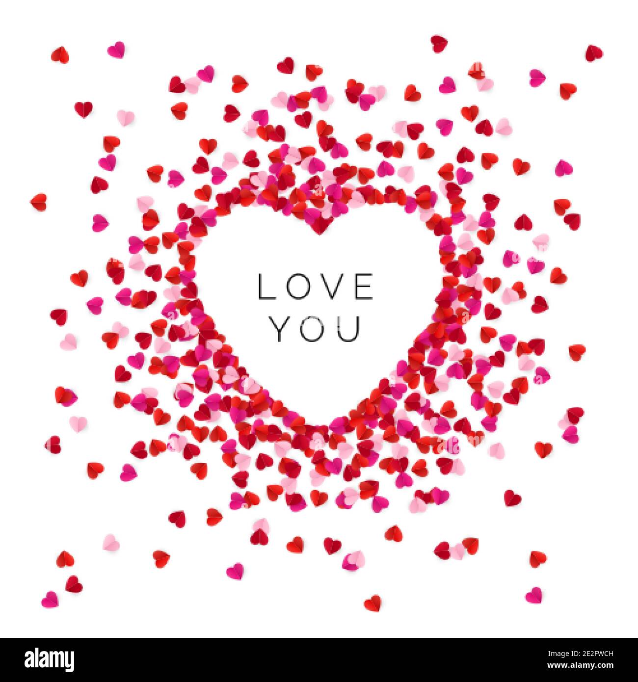 Heart shape lined with red color paper hearts. Happy Valentine`s Day greeting card background. Love you message. Vector illustration Stock Vector